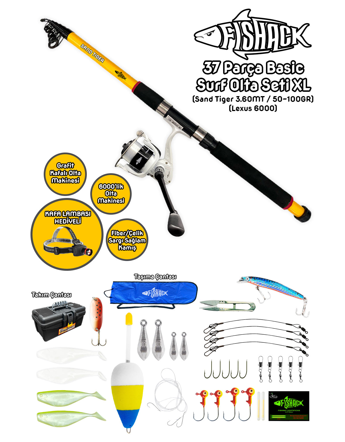 Fishack 37 Parça Surf Basic Deniz Olta Seti XL - 3.60MT / 50-100GR