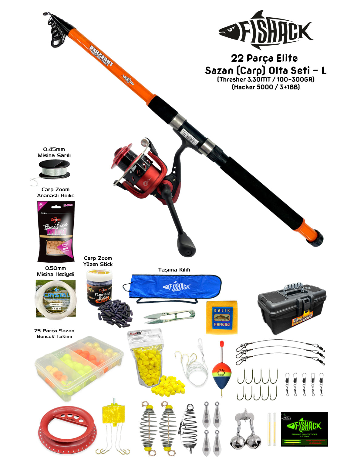 Fishack 22 Parça Elite Sazan (Carp) Olta Seti L - 3.30MT / 100-300GR