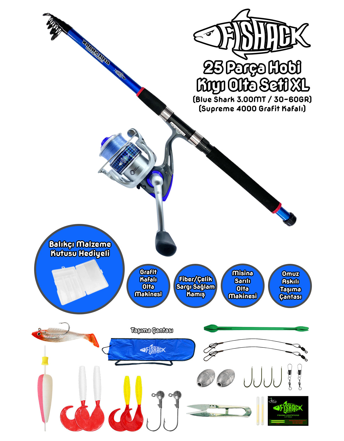 Fishack Tam Takım Kıyı Hobi Olta Seti XL - 3.00MT/30-60GR