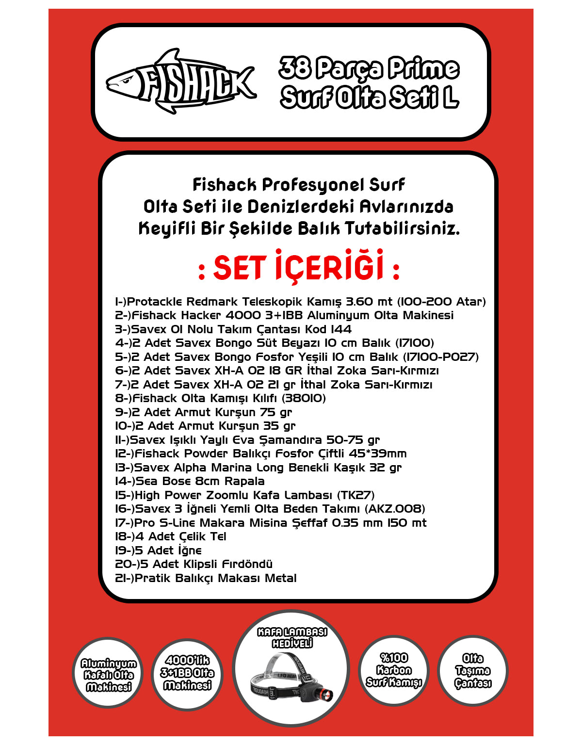 Fishack 38 Parça Surf Prime Deniz Olta Seti L - 3.60MT / 100-200GR