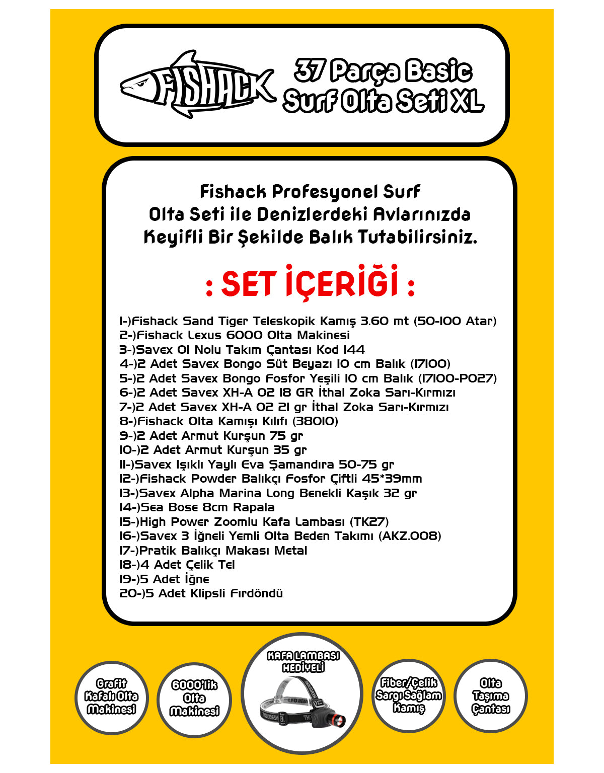 Fishack 37 Parça Surf Basic Deniz Olta Seti XL - 3.60MT / 50-100GR