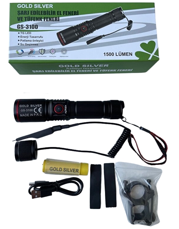 Gold Silver Sarjlı El ve Tüfek Feneri 1500 Lümen