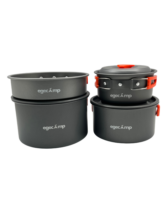 EgeCamp® Pro Ultimate Kamp Pişirme Seti (3 Tencere + 1 Tava) | 4-5 Kişilik Gurme Paket