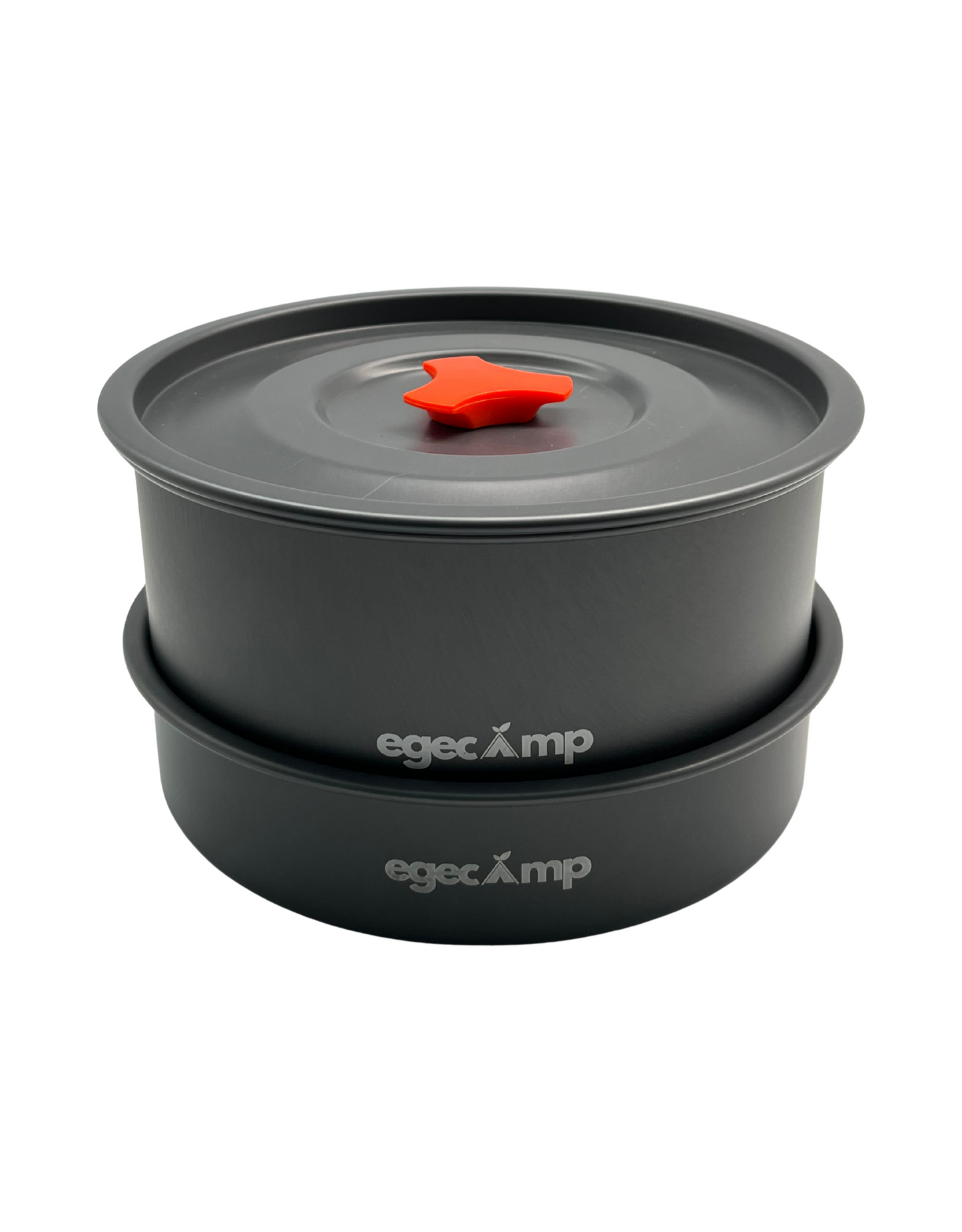 EgeCamp logolu anodize alüminyum kamp tencereleri ve turuncu kulp