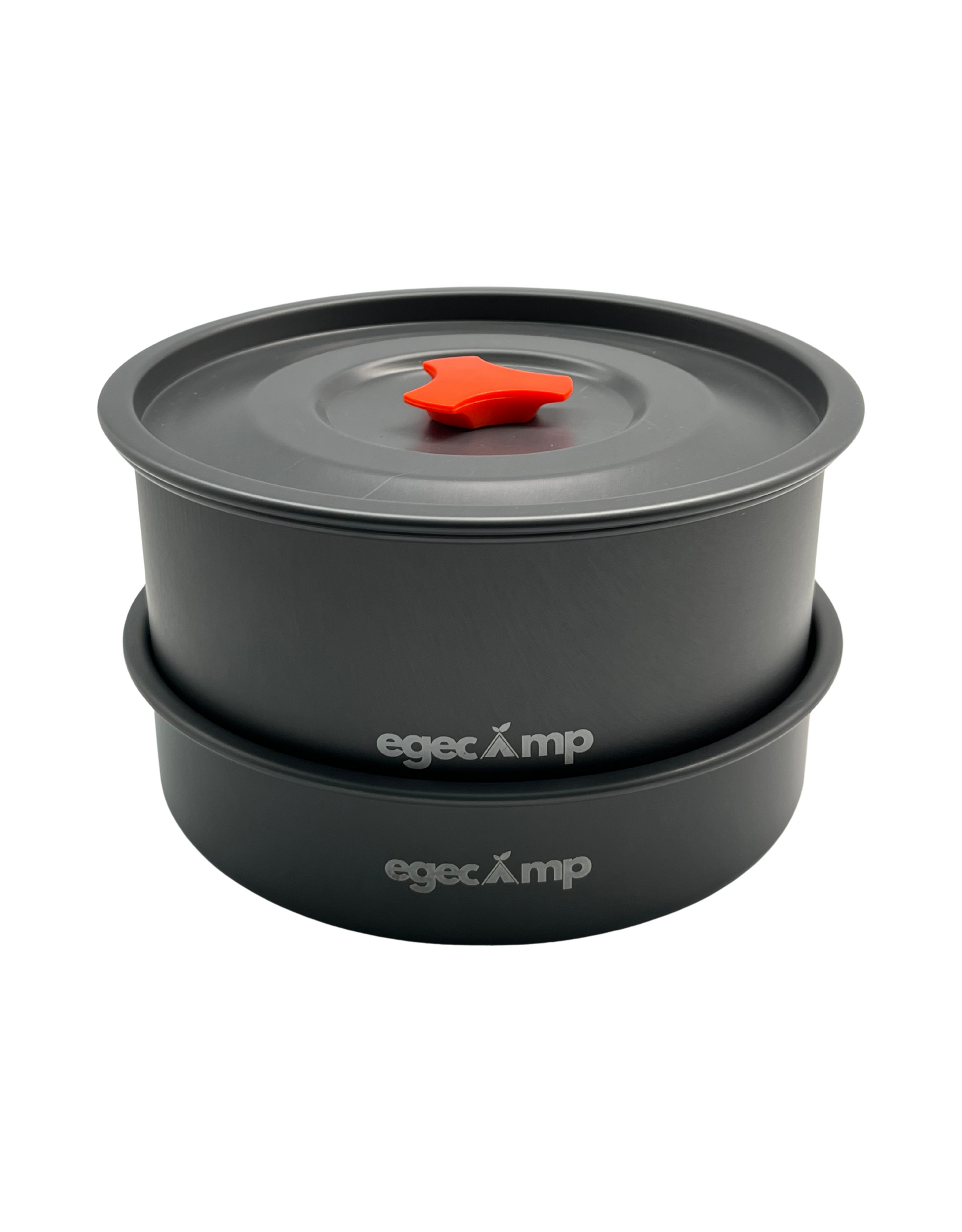 EgeCamp logolu anodize alüminyum kamp tencereleri ve turuncu kulp