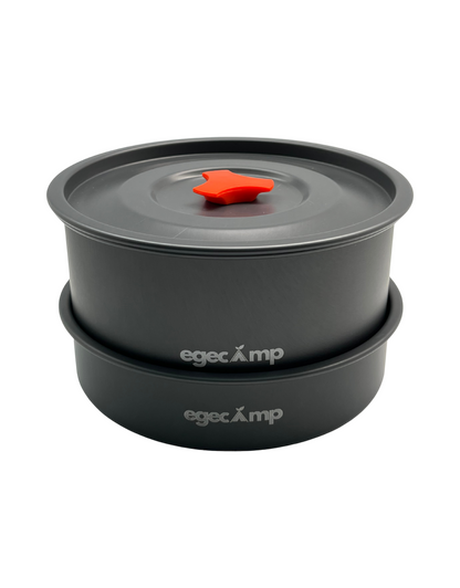 EgeCamp logolu anodize alüminyum kamp tencereleri ve turuncu kulp