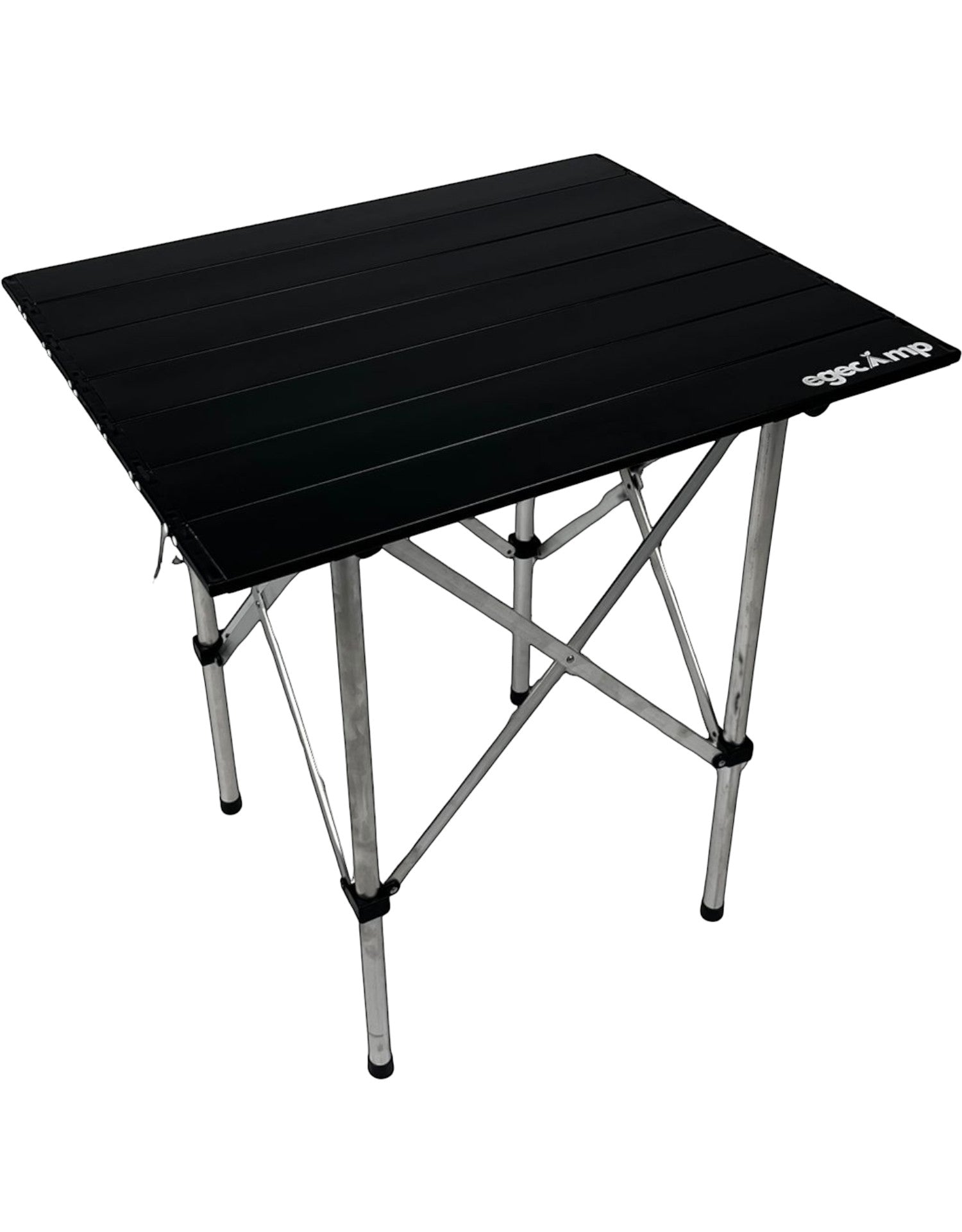 Ege Camp Outdoor black aluminum folding camping table with silver legs, 60x50cm surface, 63cm height.