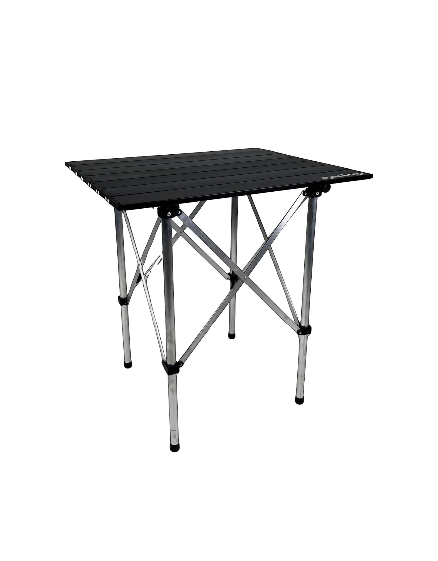 Ege Camp Outdoor black aluminum folding camping table with silver legs, ideal for outdoor use.