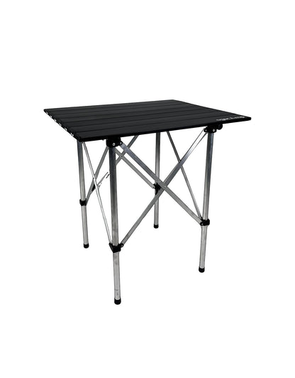 Ege Camp Outdoor black aluminum folding camping table with silver legs, ideal for outdoor use.