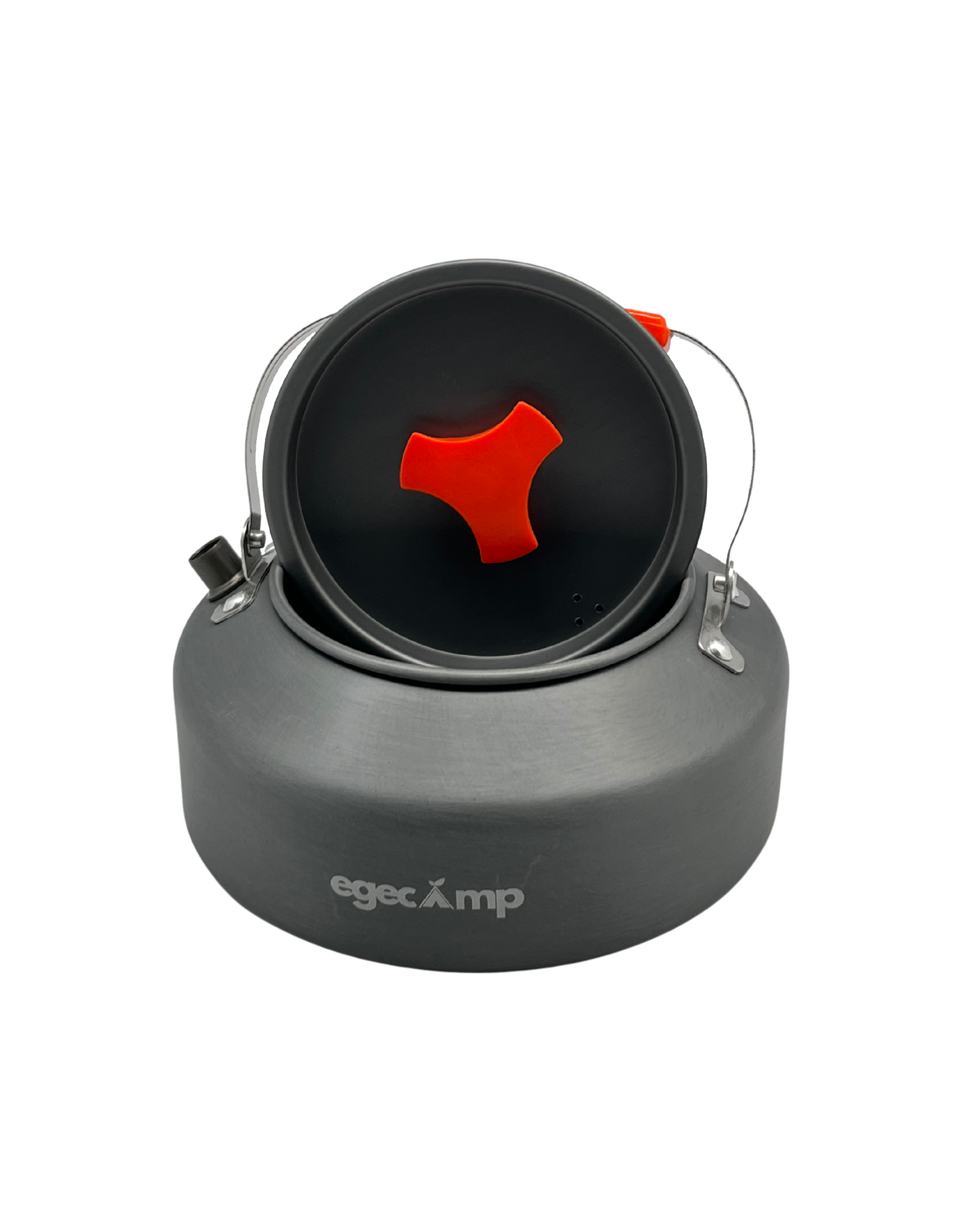 Taşıma için katlanmış turuncu saplı 1.6 lt kamp çaydanlığı üstten görünüm.