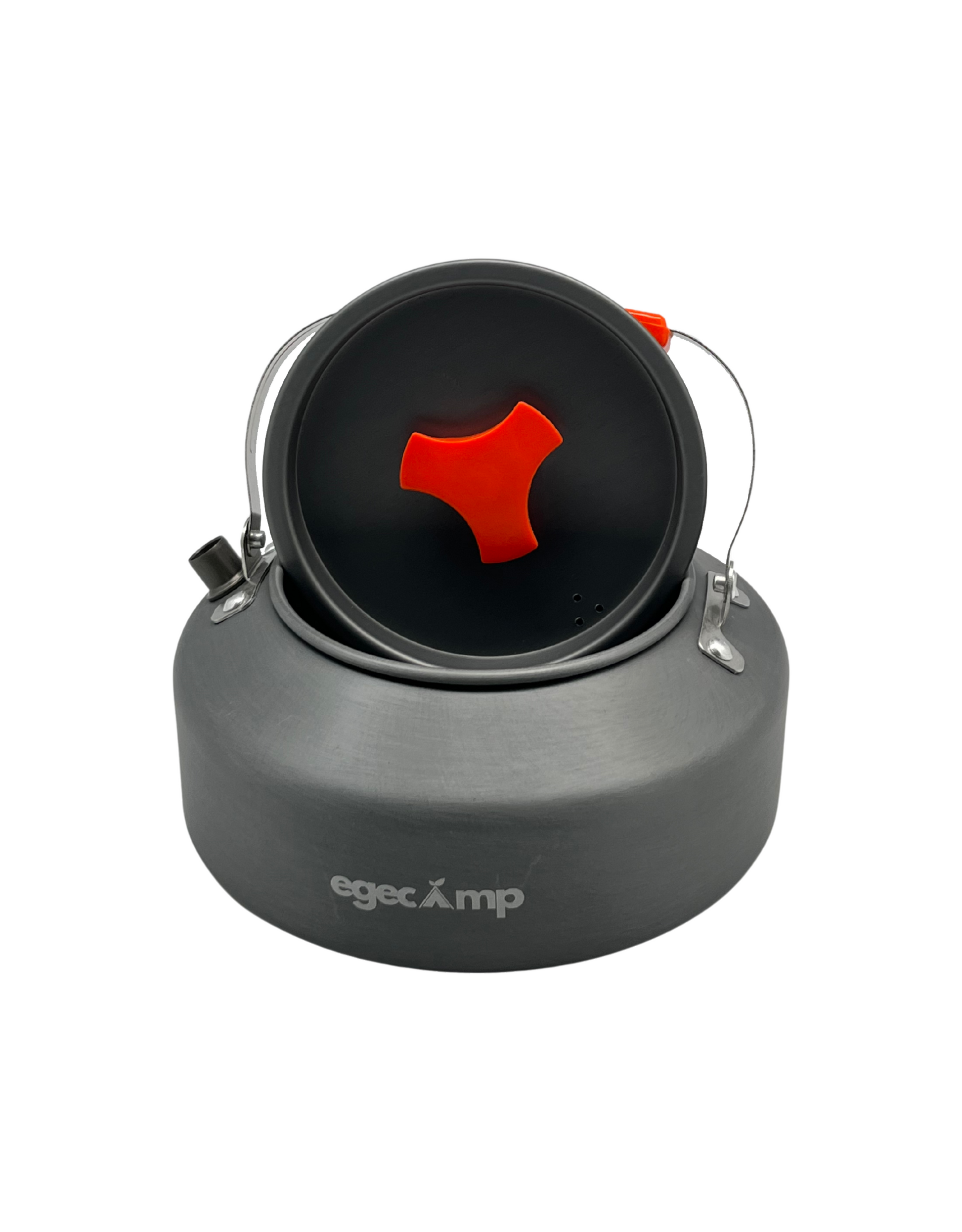 Taşıma için katlanmış turuncu saplı 1.6 lt kamp çaydanlığı üstten görünüm.