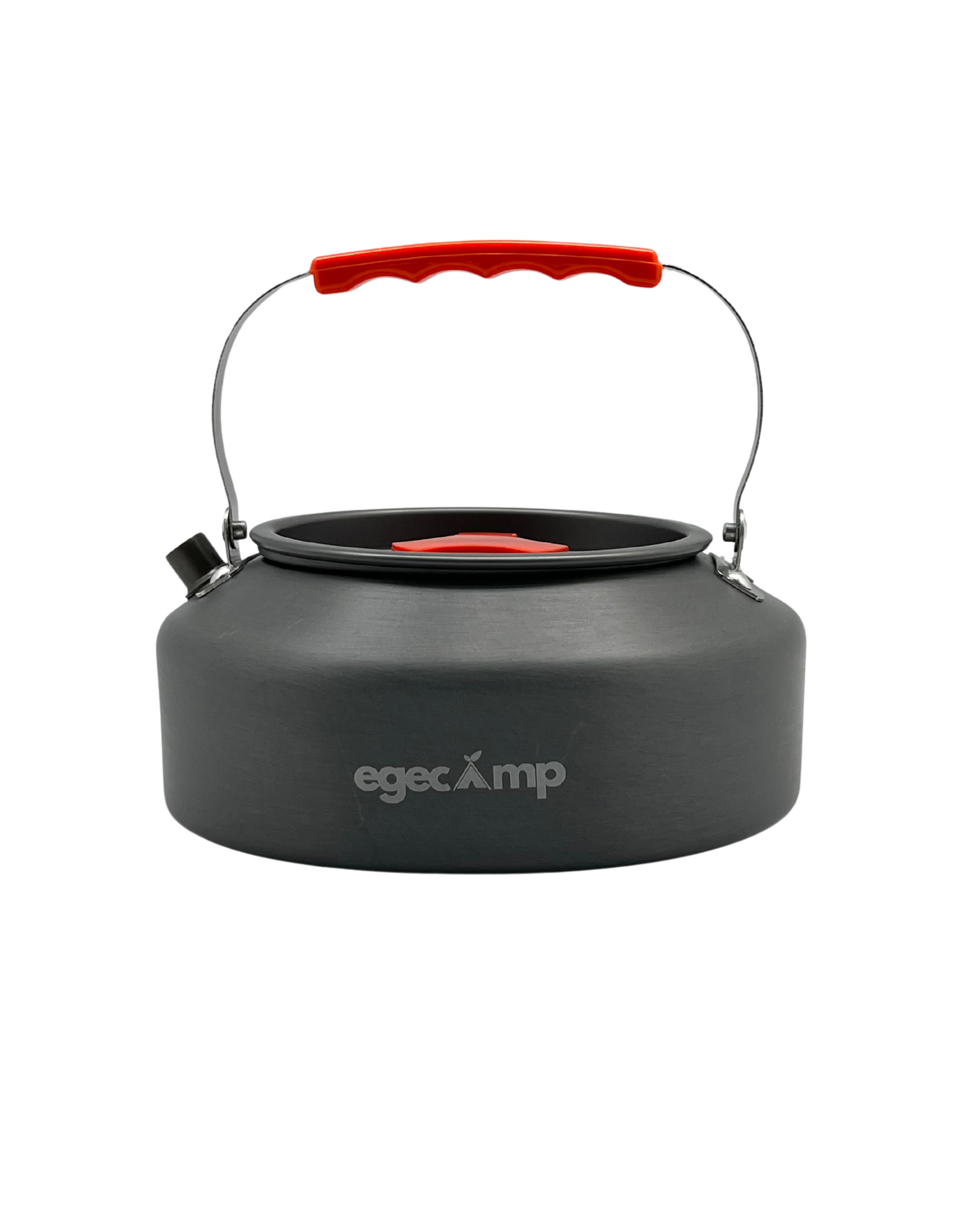 Isıya dayanıklı turuncu silikon kaplamalı kamp çaydanlığı tutma sapı yakından görünüm.