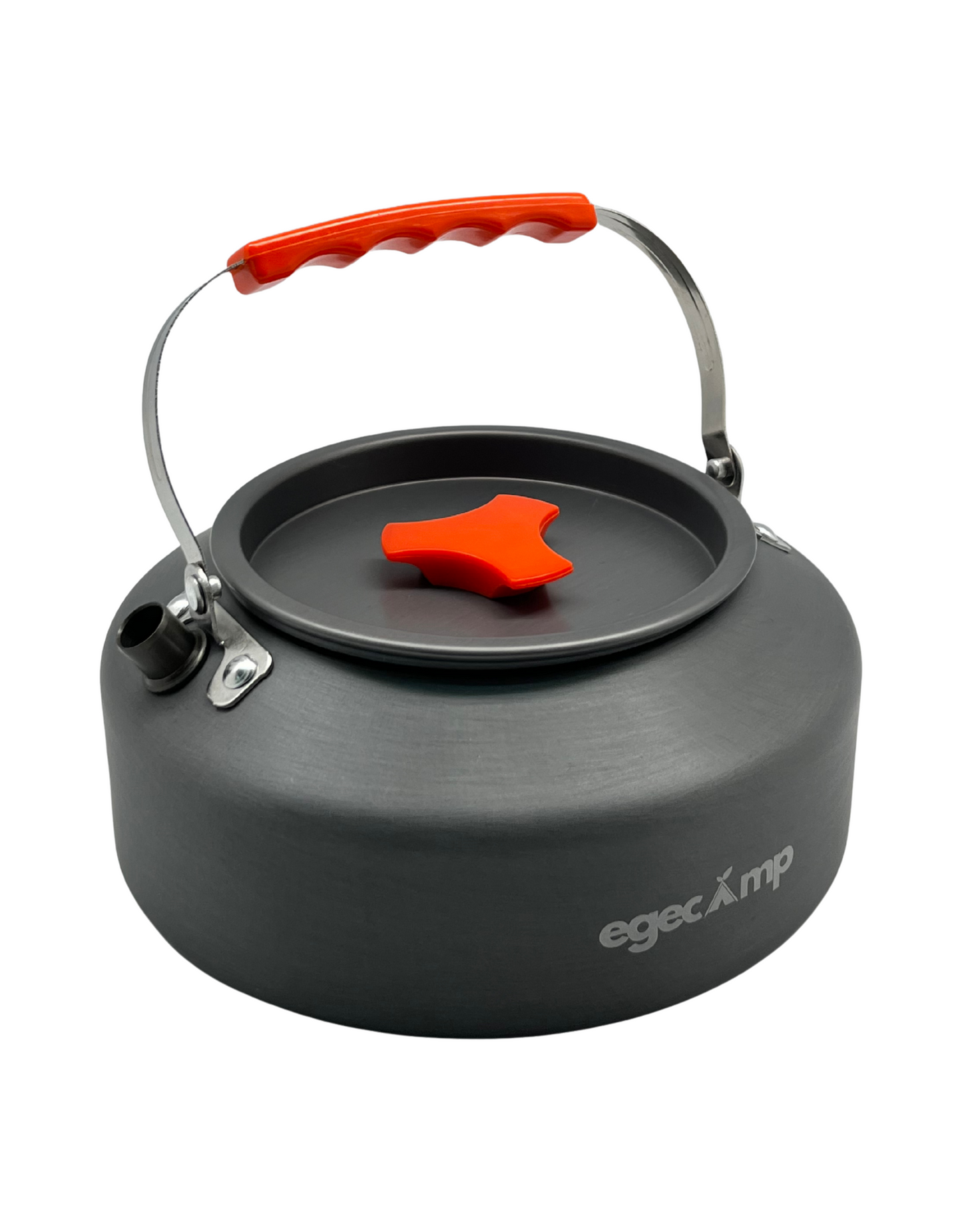 EgeCamp 1.6 litre gri alüminyum kamp çaydanlığı ve turuncu katlanır kulp.