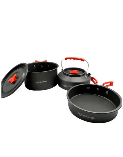 EgeCamp® Pro Kamp Pişirme Seti (Tencere, Tava, Çaydanlık) | 3 Parça & Ultra Hafif